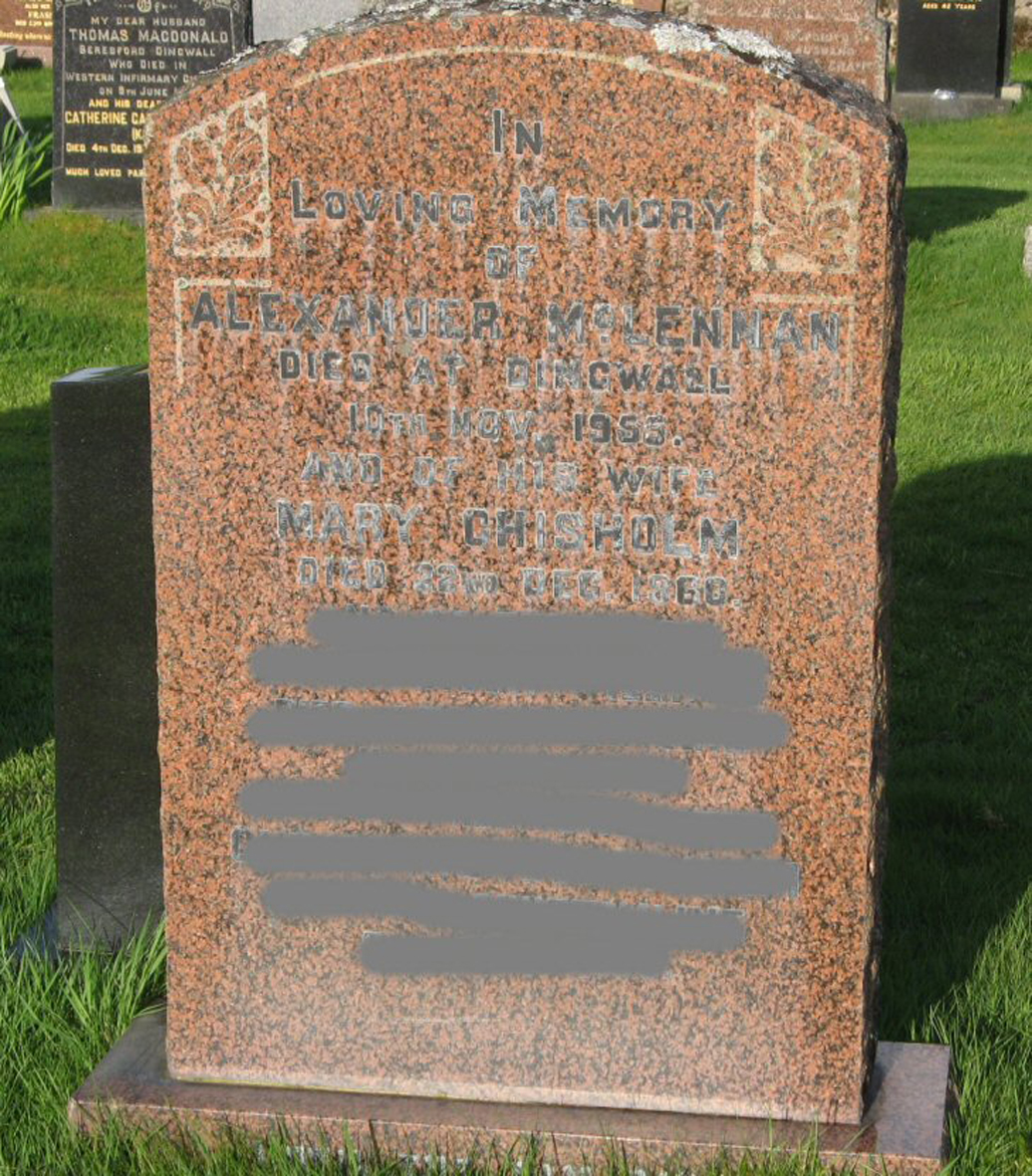 Photo of headstones/Alexander McLennan died 1955 MI Fodderty